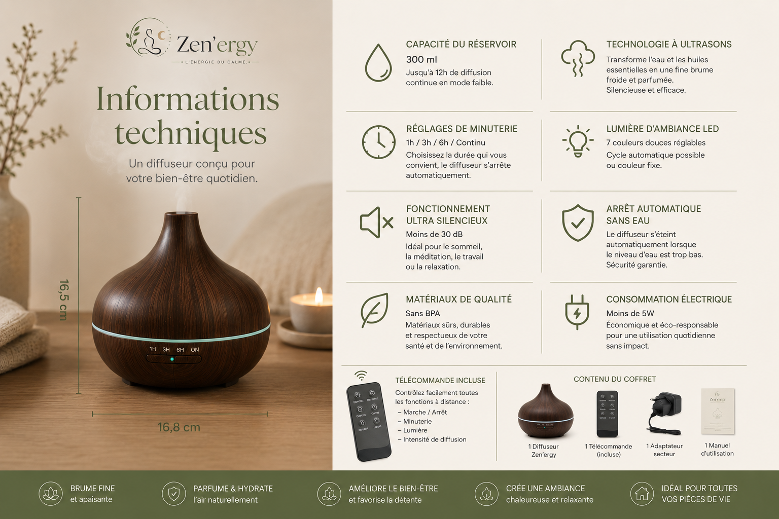 Diffuseur d’Huiles Essentielles Zen’ergy™ | Brume Relaxante & Ambiance Apaisante
