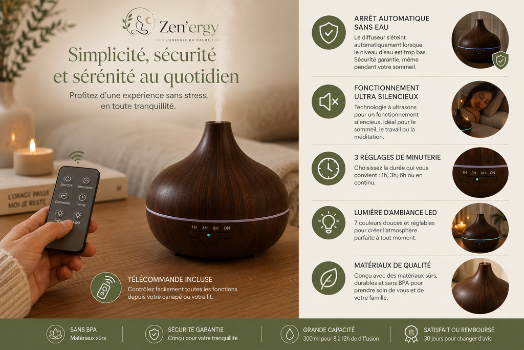 Diffuseur d’Huiles Essentielles Zen’ergy™ | Brume Relaxante & Ambiance Apaisante