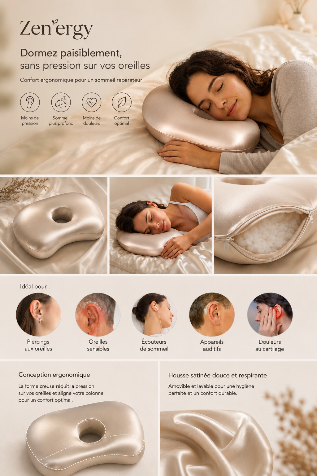 Zen’Ear™ – Oreiller Ergonomique Anti-Pression pour Oreilles Sensibles