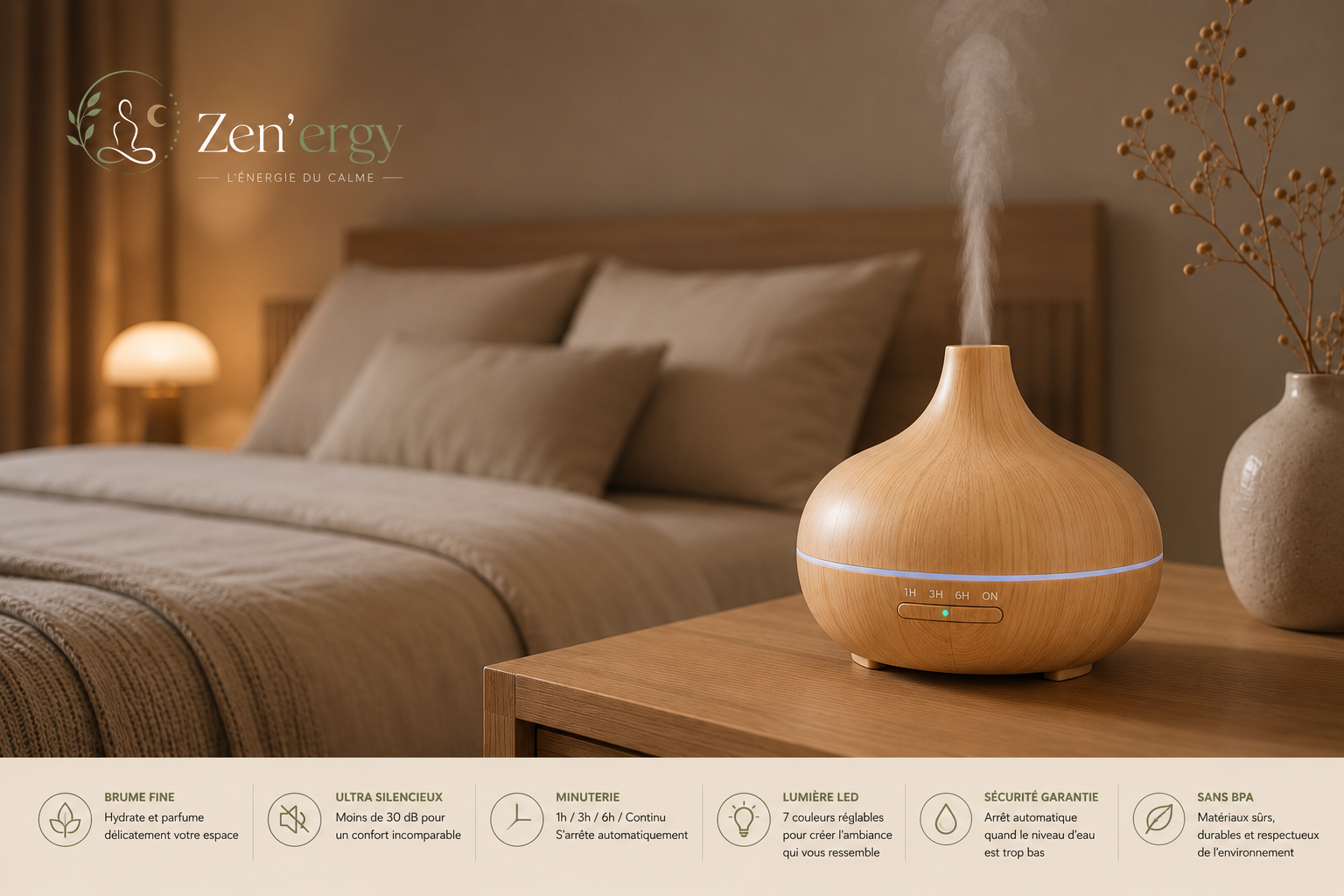 Diffuseur d’Huiles Essentielles Zen’ergy™ | Brume Relaxante & Ambiance Apaisante
