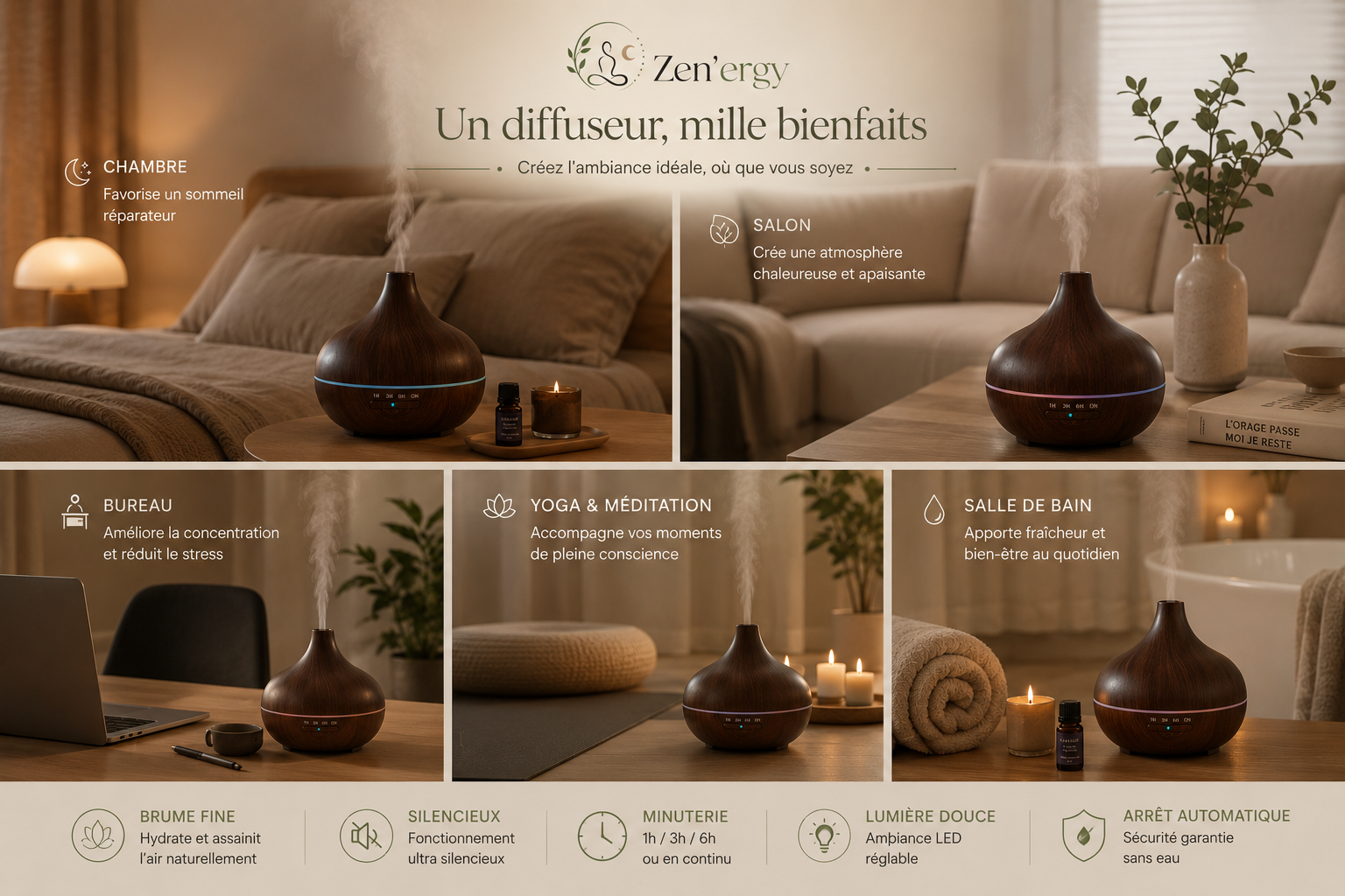 Diffuseur d’Huiles Essentielles Zen’ergy™ | Brume Relaxante & Ambiance Apaisante