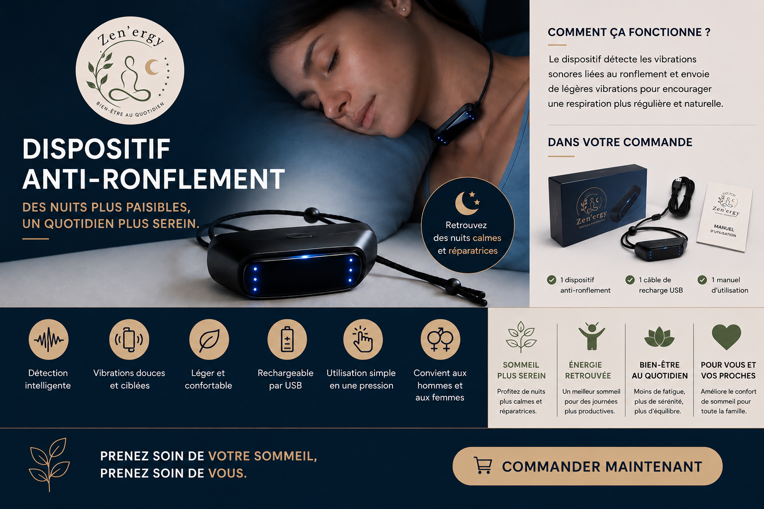 Zen’ergy Sommeil+™ – Dispositif Intelligent Anti-Ronflement