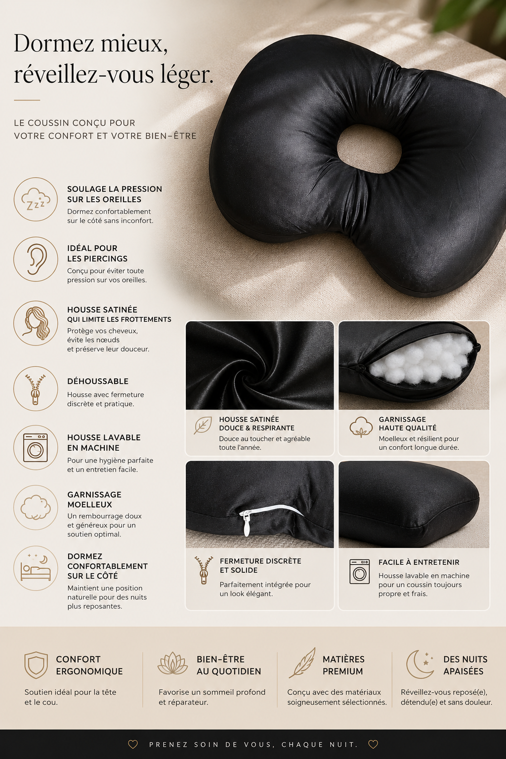 Zen’Ear™ – Oreiller Ergonomique Anti-Pression | Dormez Enfin sur le Côté Sans Douleur